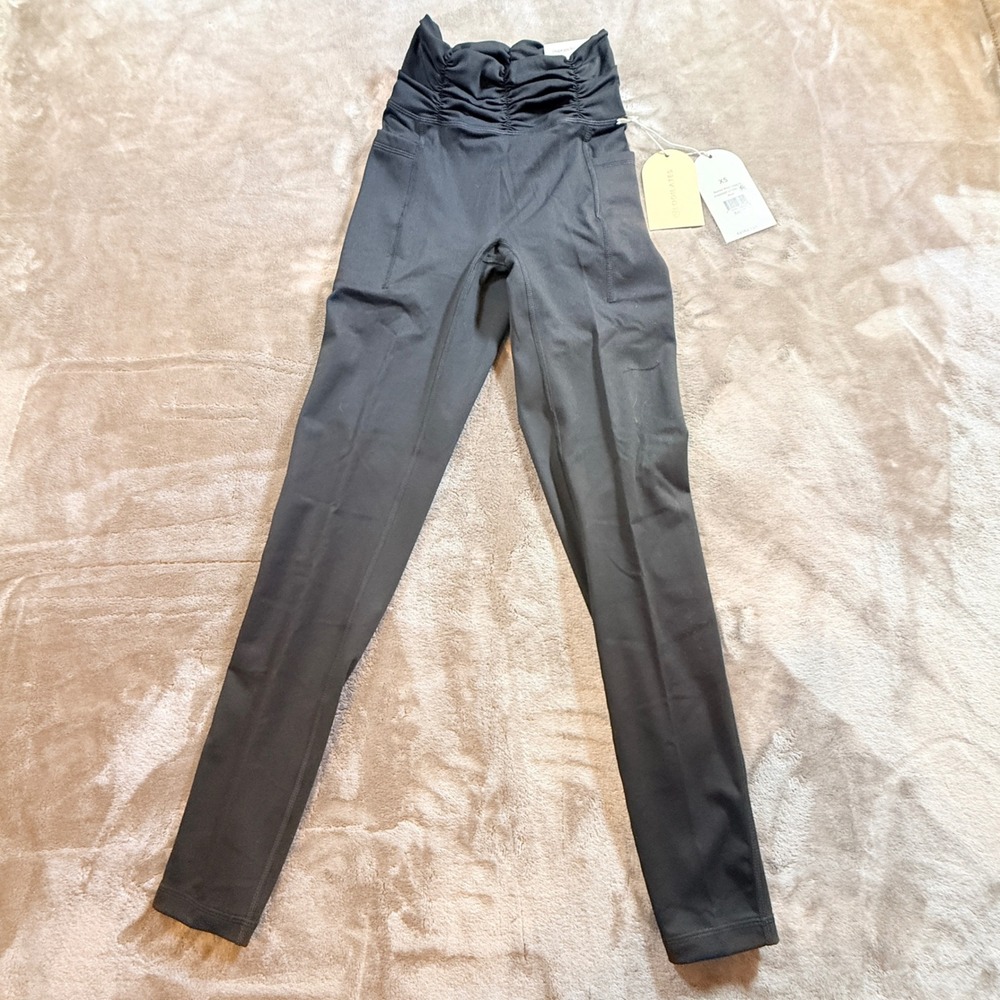 Blogilates Ruched Waist Leggings Women XS Black NEW High Waisted Side Pockets